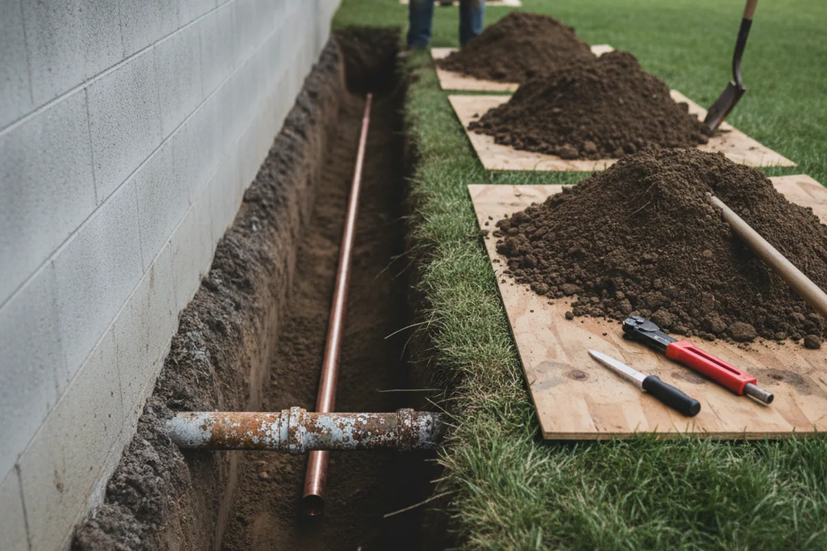 Excavated water line trench during Water Heater Repair in Wilsonville